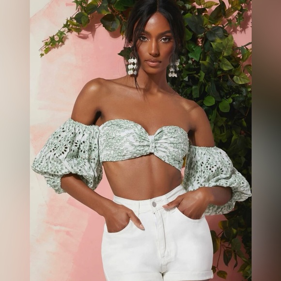 COTTON Off The Shoulder Puff Sleeve Bralette Crop Top with Eyelet Embroidery - Picture 3 of 11
